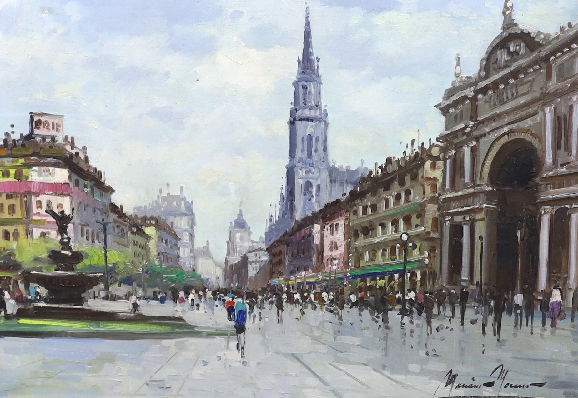 Mariano Moreno (Italian, 1912-1990), oil on canvas, Paris street scene, signed, 48 x 69cm